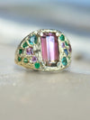 Watermelon Bi color Tourmaline Cocktail Ring with emeralds and sapphires in 14 Ct Gold (Exclusive to Tomfoolery London)