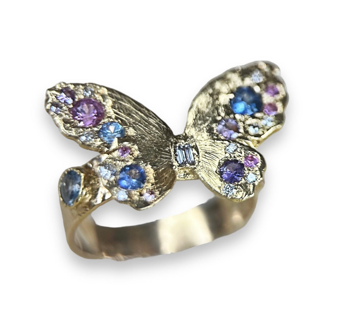 Butterfly Ring “Spread Your Wings” with Diamonds and Sapphires 18 ct Gold (Exclusive to Tomfoolery London)