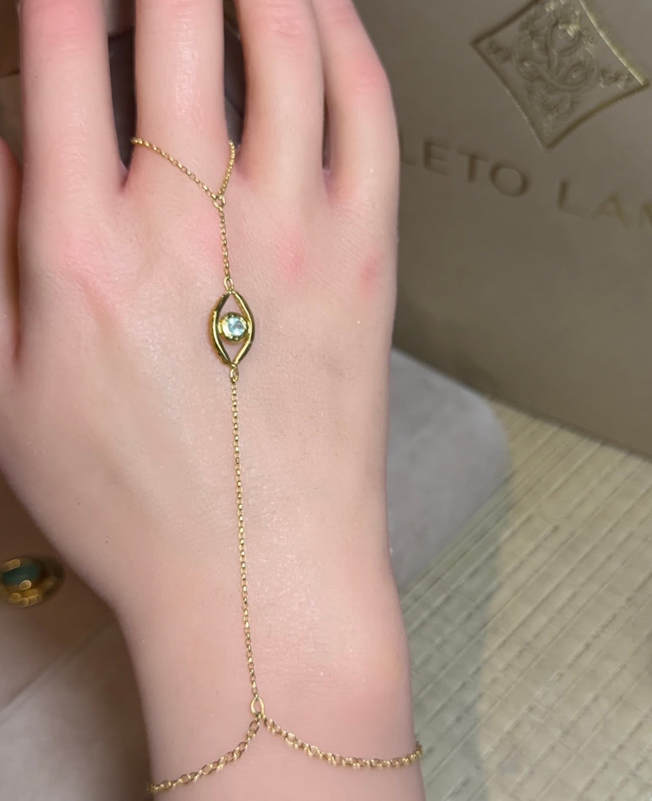 Hand Finger Chain Bracelet Paraiba Tourmaline Eye 18 Ct Yellow Gold