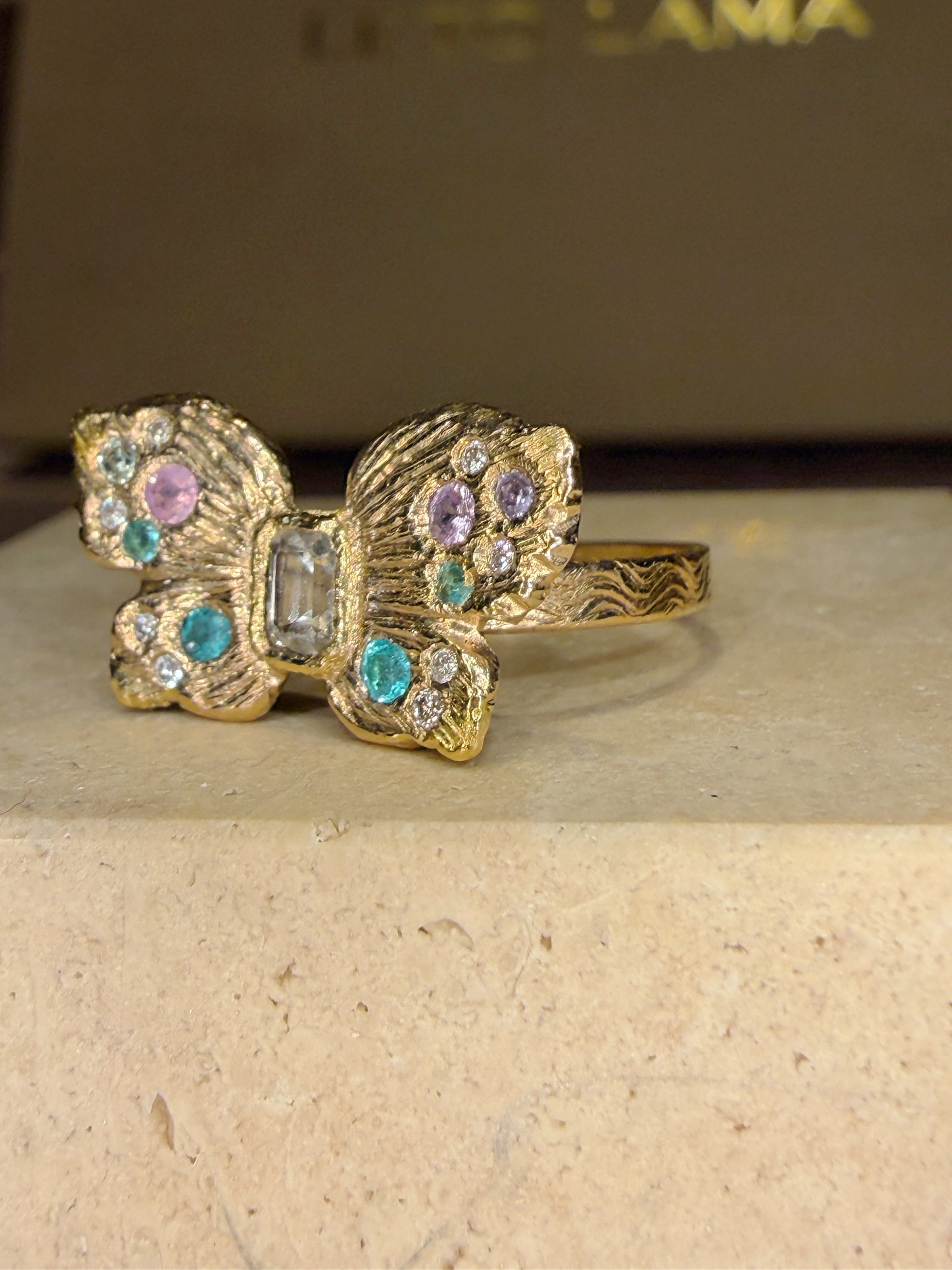 “Happiness” Butterfly Ring Sapphires, Paraibas and Diamonds in 18 Ct Gold (Available at Tomfoolery London)