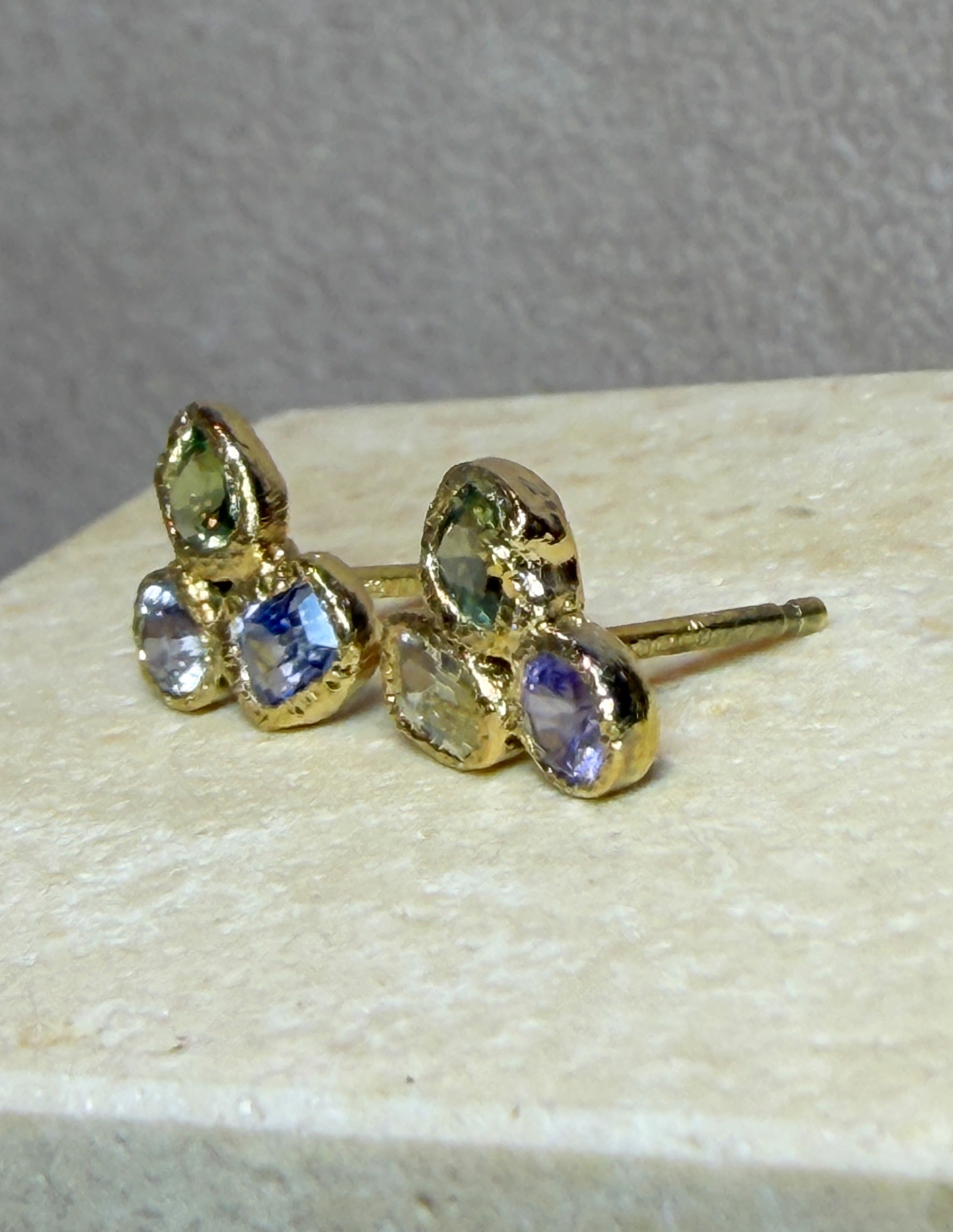 Puzzle Studs Abstract Sapphires 18 Ct Gold Bezel (Pair)