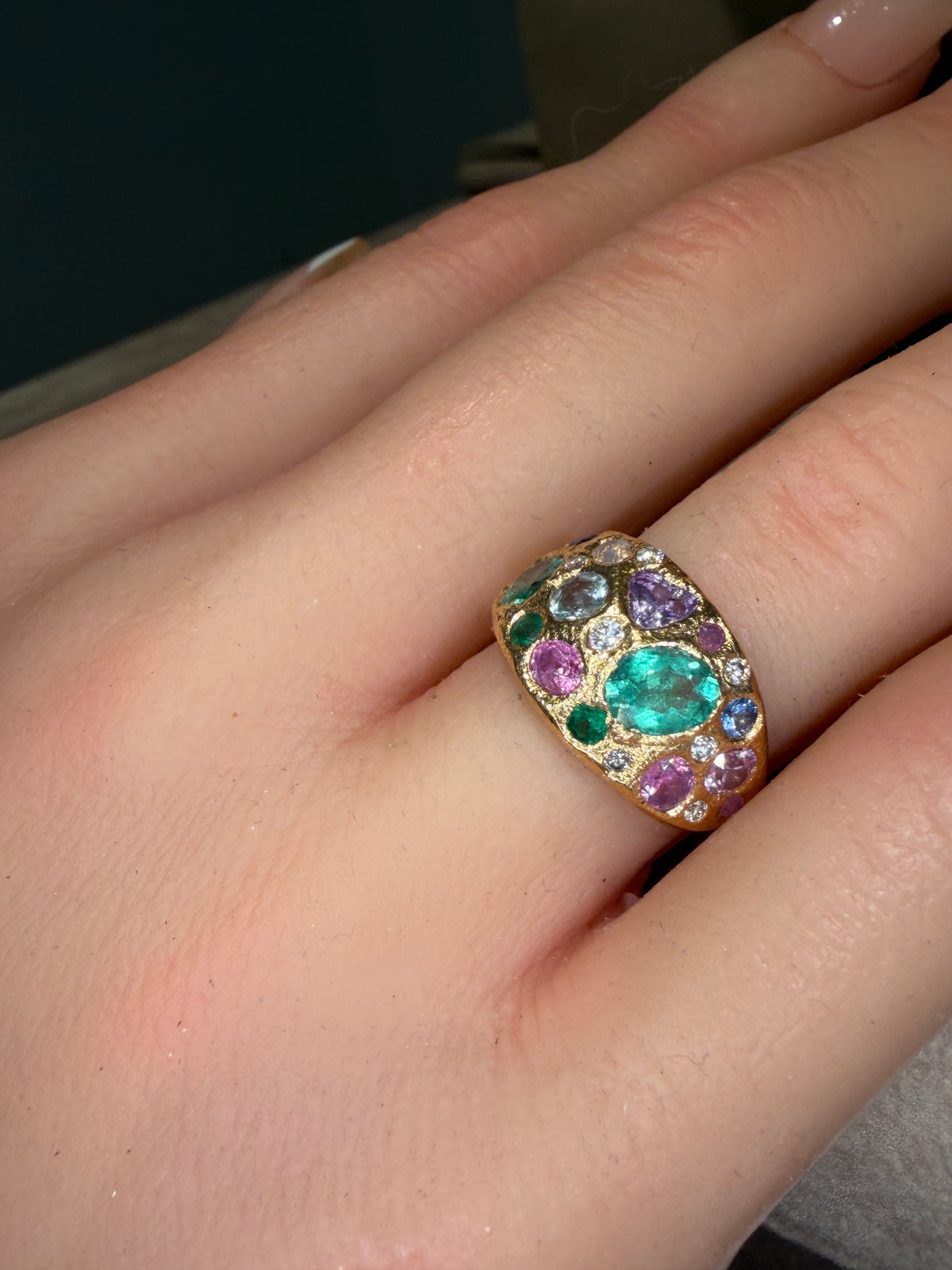 Sapphires and Diamonds Dome Ring 18 Ct Gold “Precious Garden”