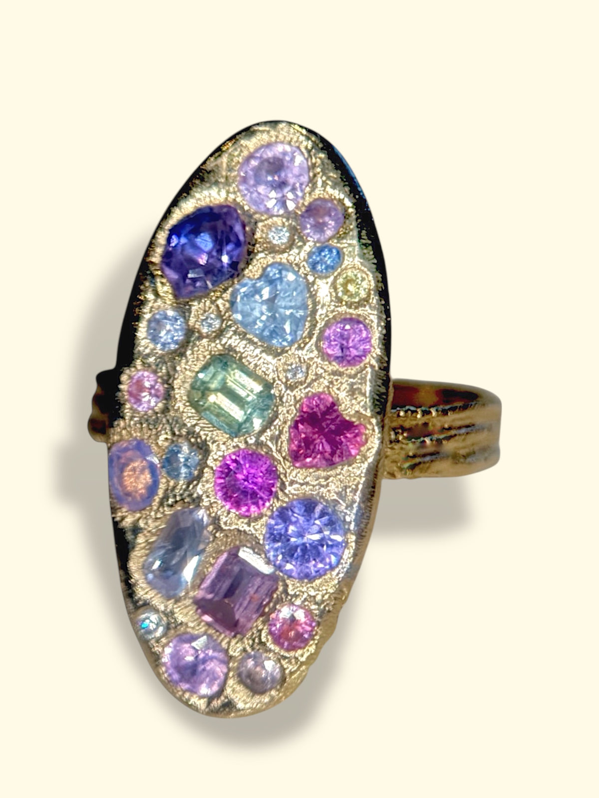 (Collected, Bespoke Variations only) Large Oval Abstract Geometric Sapphires Cocktail Ring in 18 Ct Yellow Gold