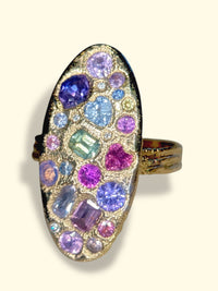 (Collected, Bespoke Variations only) Large Oval Abstract Geometric Sapphires Cocktail Ring in 18 Ct Yellow Gold