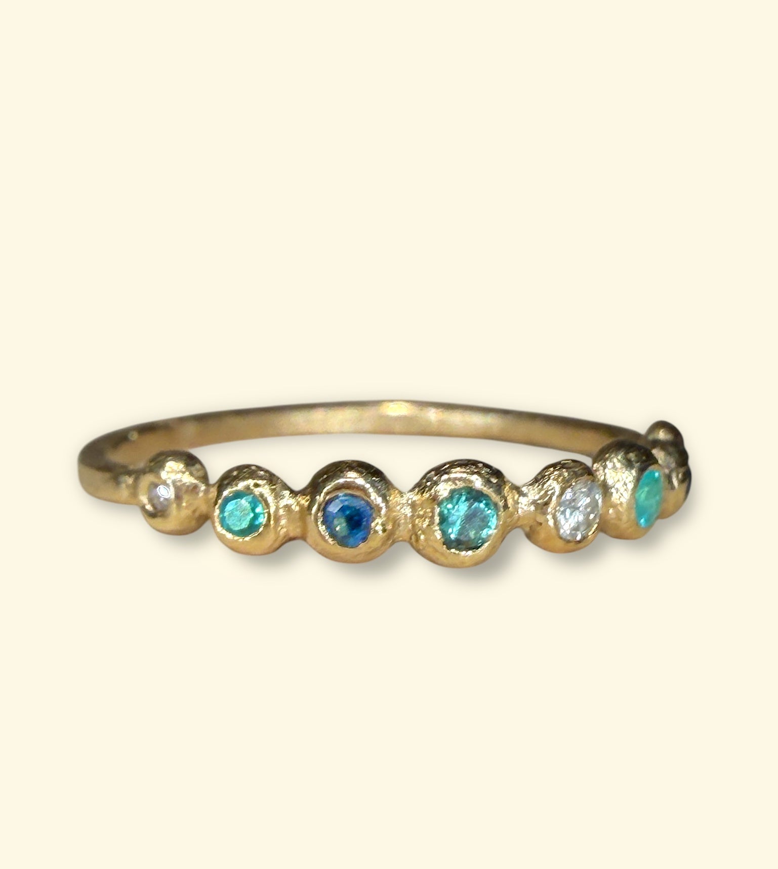 Ocean Bubbles Ring Band Sapphires Paraibas Emerald and Diamonds in 18 Ct Gold