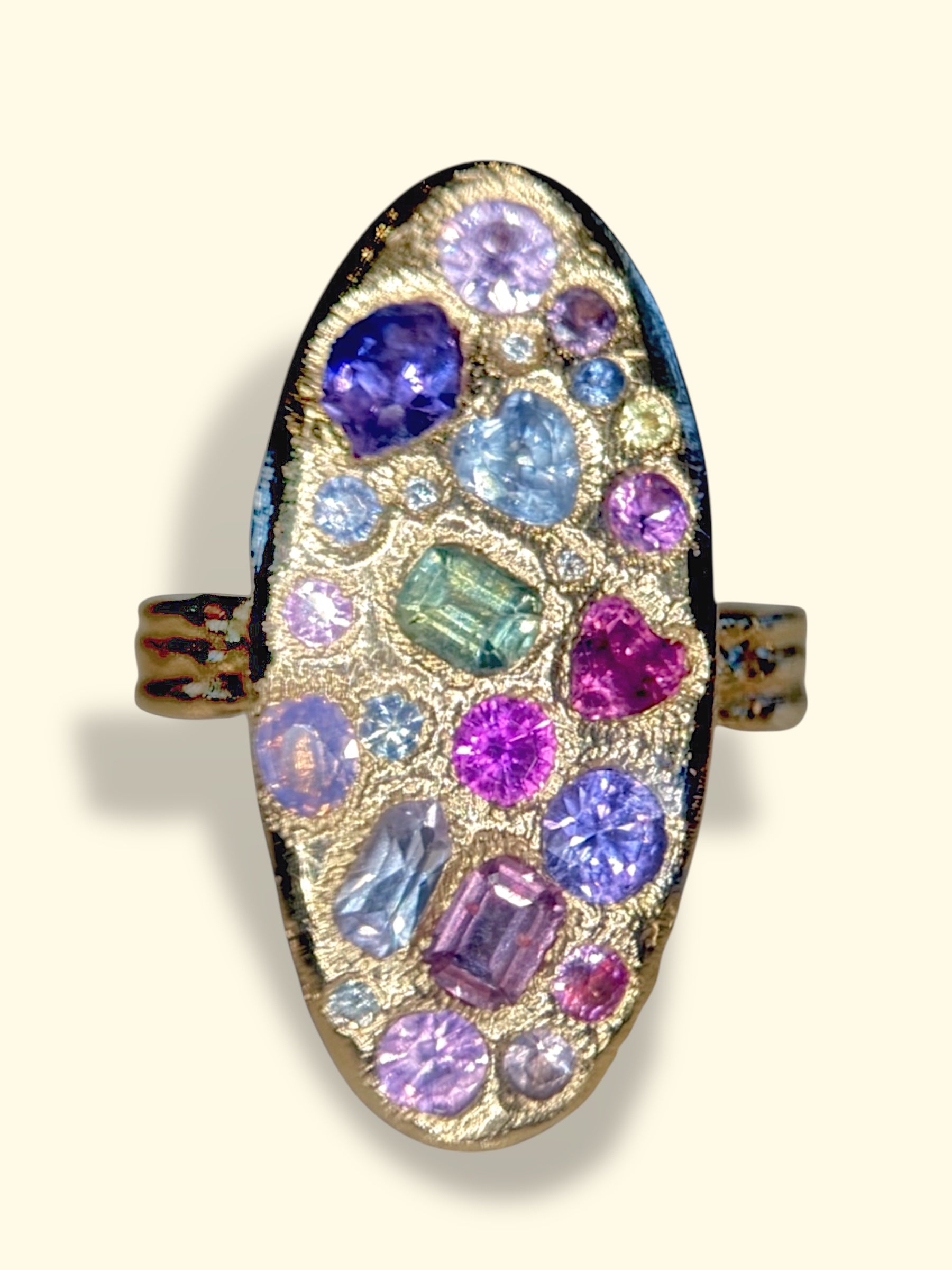 (Collected, Bespoke Variations only) Large Oval Abstract Geometric Sapphires Cocktail Ring in 18 Ct Yellow Gold