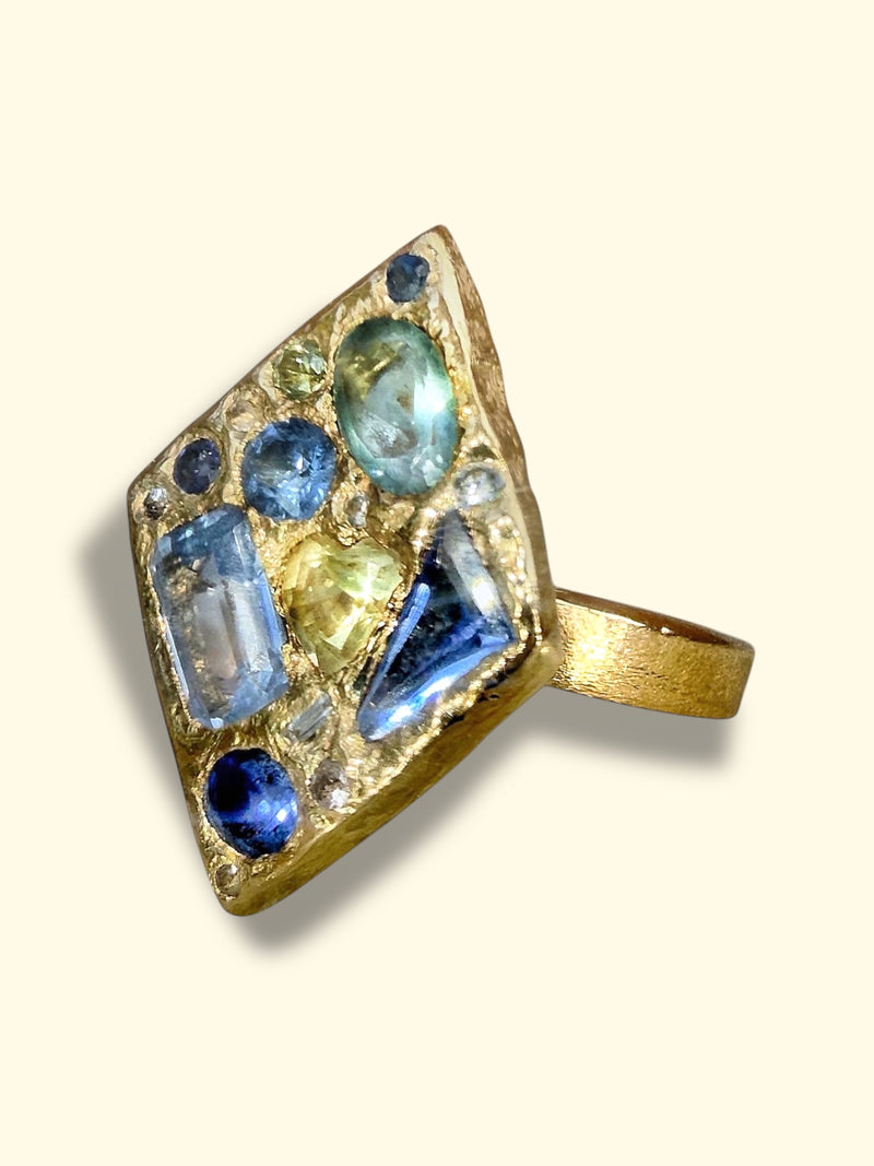 “Ultramarine” Lozenge Abstract Art Cocktail Ring Sapphires Diamonds Aquamarine 18 Ct Gold (Collected Bespoke Variations Available)