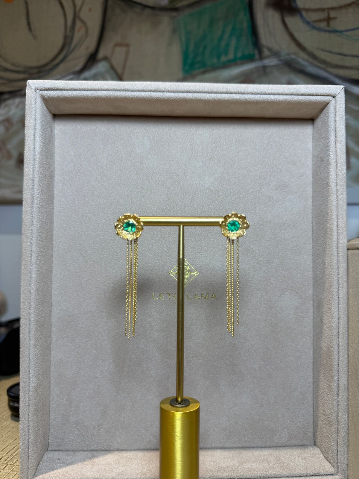 Flower Colombian Emerald Earrings 2 in 1 with removable fringe 18 Ct Gold