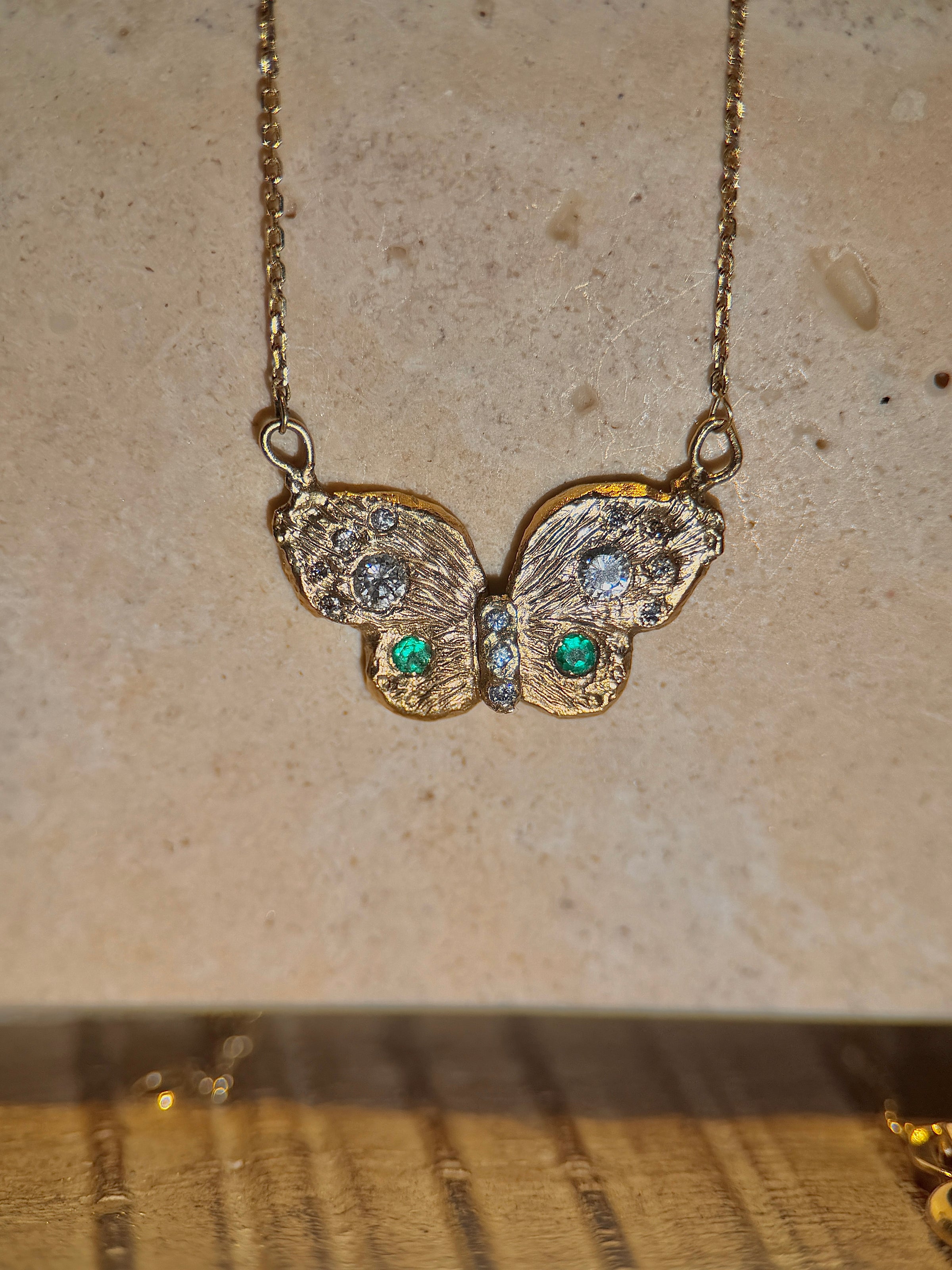 Butterfly Necklace with Diamonds and Colombian Emeralds