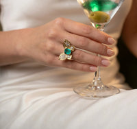 IGI Certified 1.3 Ct Emerald Queen Butterfly Ring with Diamonds in 18 Ct Gold Half Bezel (Available online and also to View in Person at Stardust, London 101 Walton Street)