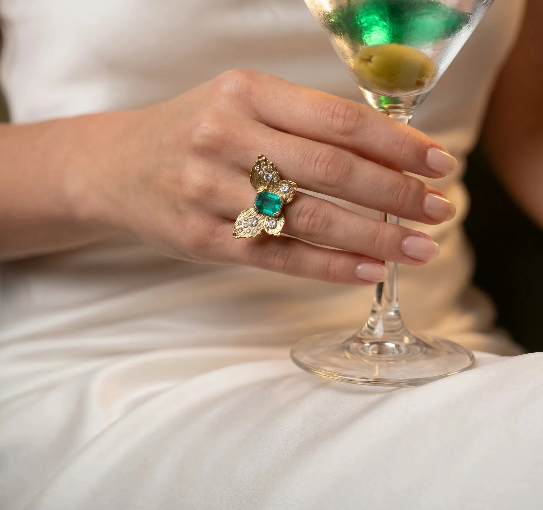 IGI Certified 1.3 Ct Emerald Queen Butterfly Ring with Diamonds in 18 Ct Gold Half Bezel (Available online and also to View in Person at Stardust, London 101 Walton Street)