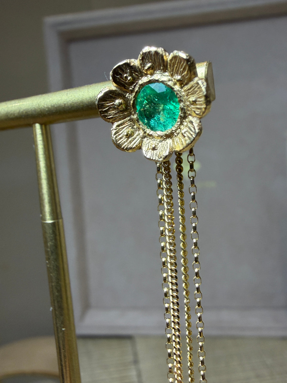 Flower Colombian Emerald Earrings 2 in 1 with removable fringe 18 Ct Gold