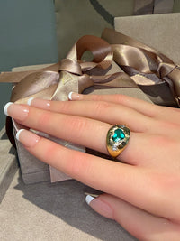 Chubby Cupid Band Colombian Emerald Heart Ring with Princess Diamonds 18 Ct Gold