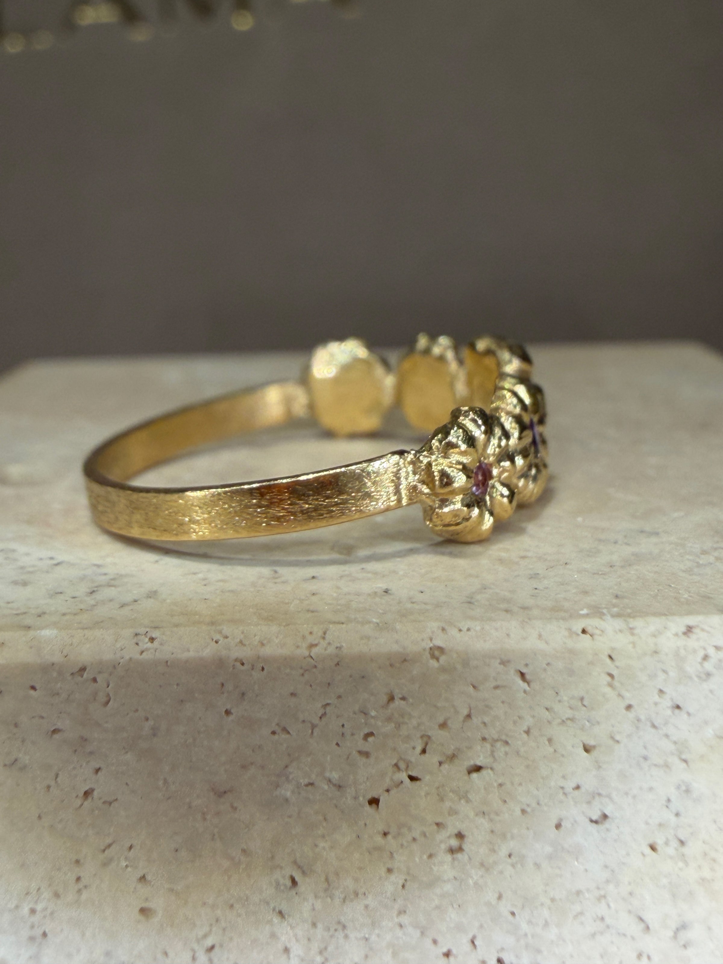 Microsculpted Flower Band Sapphires and Paraiba Tourmaline in 18 Ct Gold Ring (Available At Tomfoolery London)