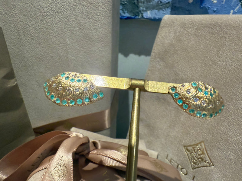 Brazilian Neon Blue Paraiba Tourmaline Large Shell Stud Earrings with Diamonds