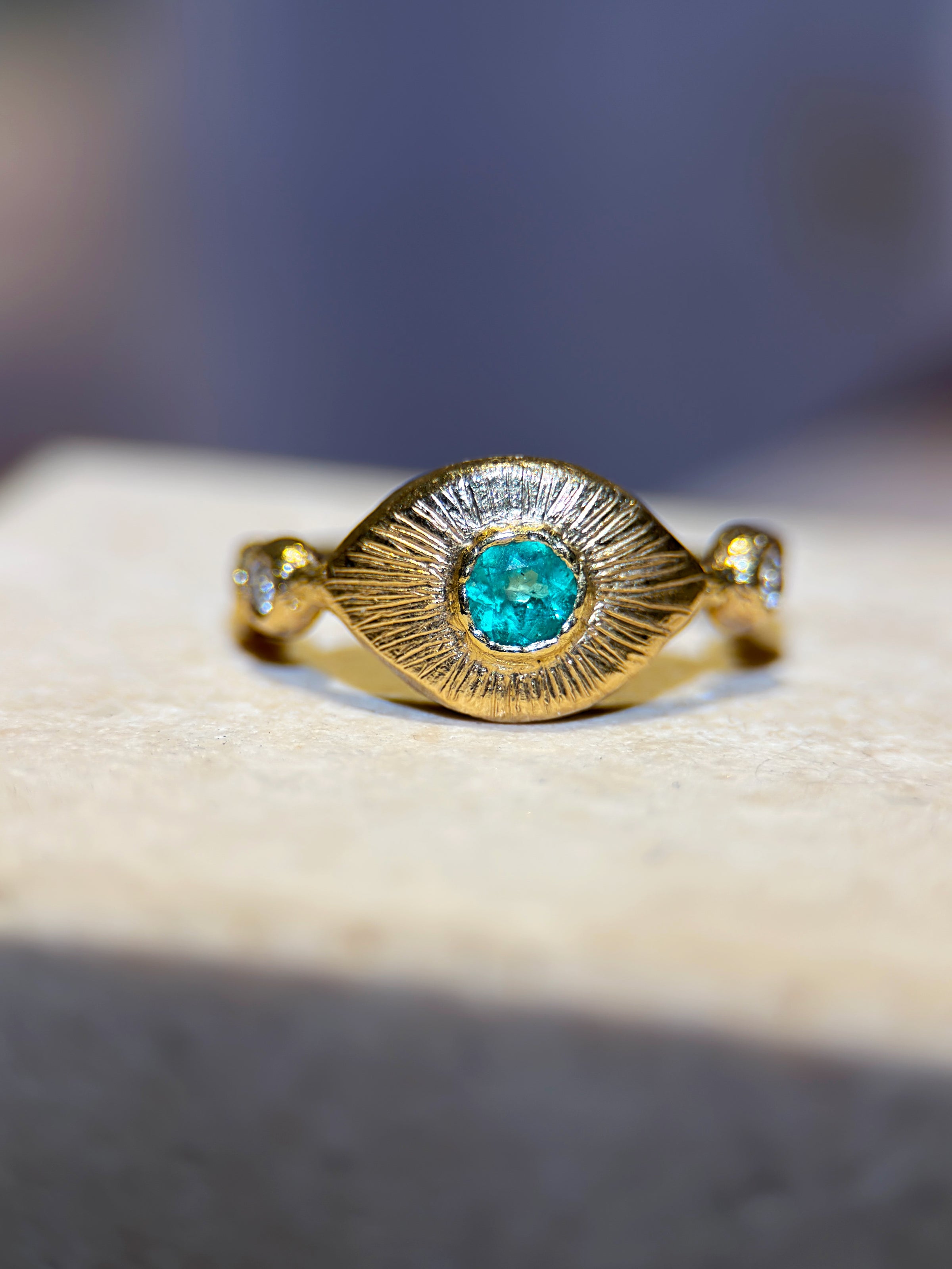 Colombian Emerald Eye Ring with Diamonds 18 Ct Yellow Gold (Available online and also to View in Person at Stardust, London 101 Walton Street)