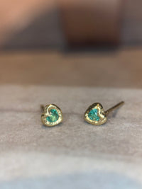 (Collected - Bespoke Variations available) Bezel Set Wobbly Baby Mini Emerald Heart Studs 18 Ct Gold (Pair)
