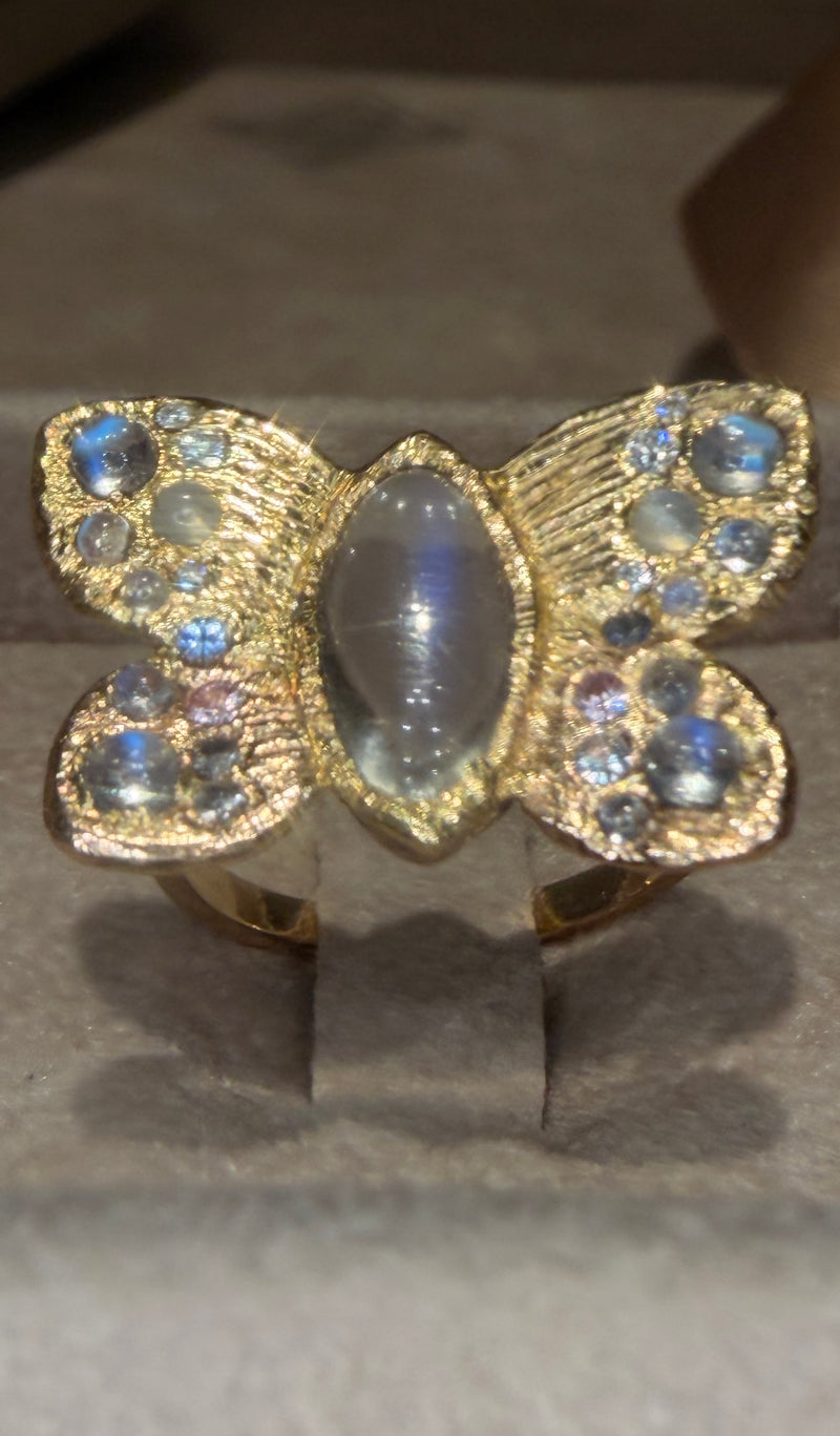 “Winterfly” 18 Ct Gold Moonstones & Diamonds Art Ring at Tomfoolery London