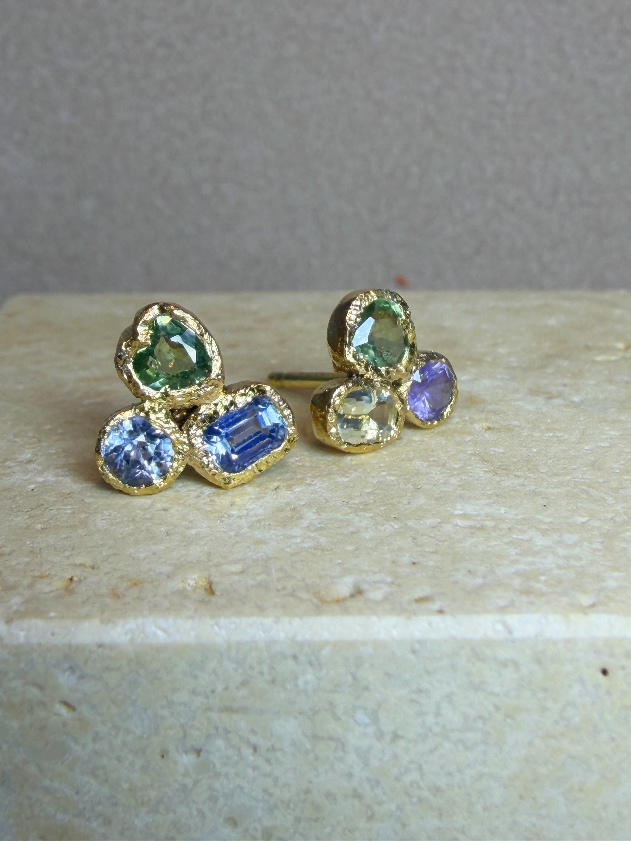 Puzzle Studs Abstract Sapphires 18 Ct Gold Bezel (Pair)