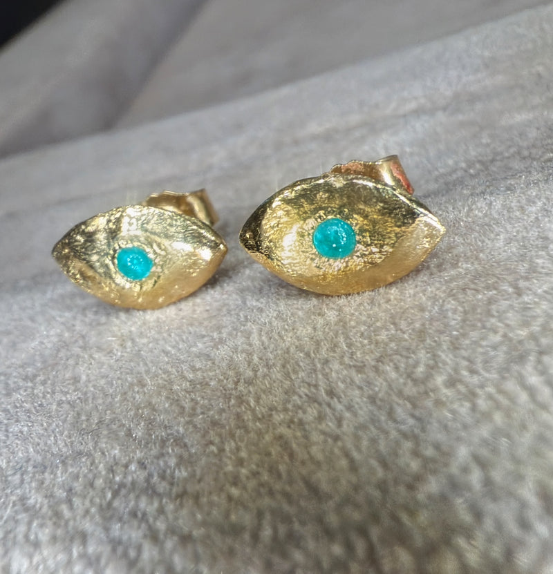 Brazilian Neon Blue Paraiba Tourmaline Princess Eye Stud Earrings (Pair)  (Available at Madlords, Paris)
