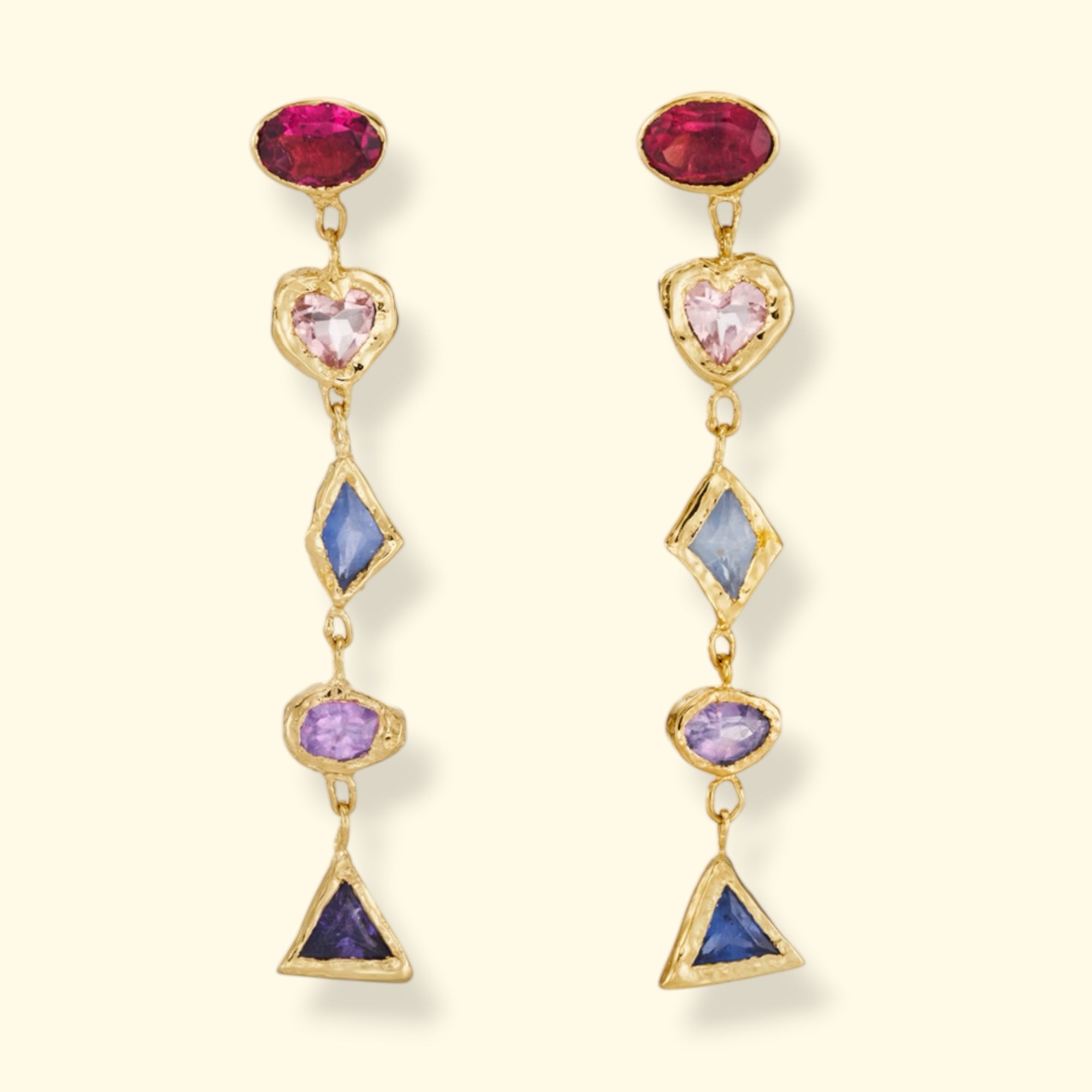 (Available at Tomfoolery) Cubism Mismatched Geometric Sapphires & Tourmaline Earrings 18 Ct Gold