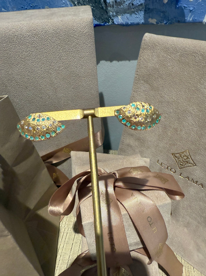 Brazilian Neon Blue Paraiba Tourmaline Large Shell Stud Earrings with Diamonds