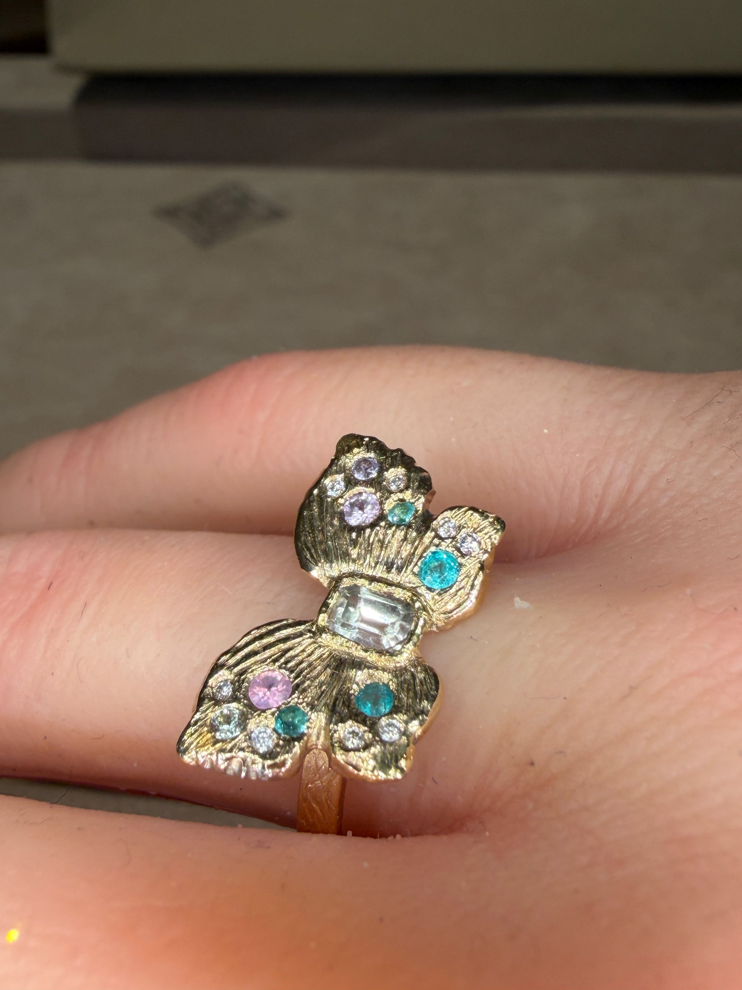 “Happiness” Butterfly Ring Sapphires, Paraibas and Diamonds in 18 Ct Gold (Available at Tomfoolery London)