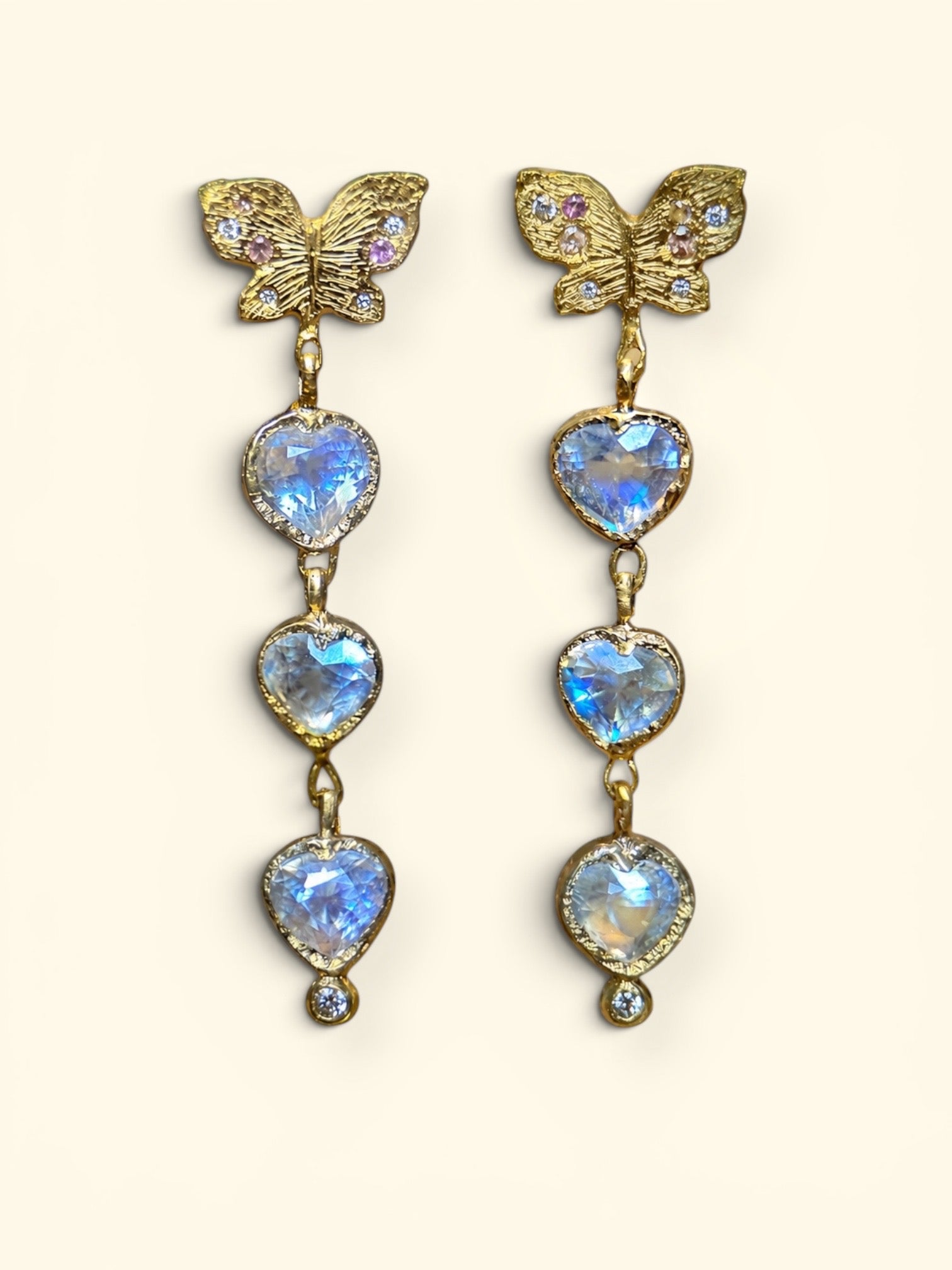 Butterfly Moonstone Heart Drop Earrings with Pastel Sapphires in 18 Ct Gold