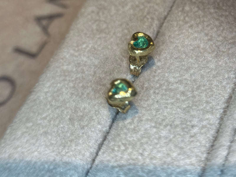 (Collected - Bespoke Variations available) Bezel Set Wobbly Baby Mini Emerald Heart Studs 18 Ct Gold (Pair)