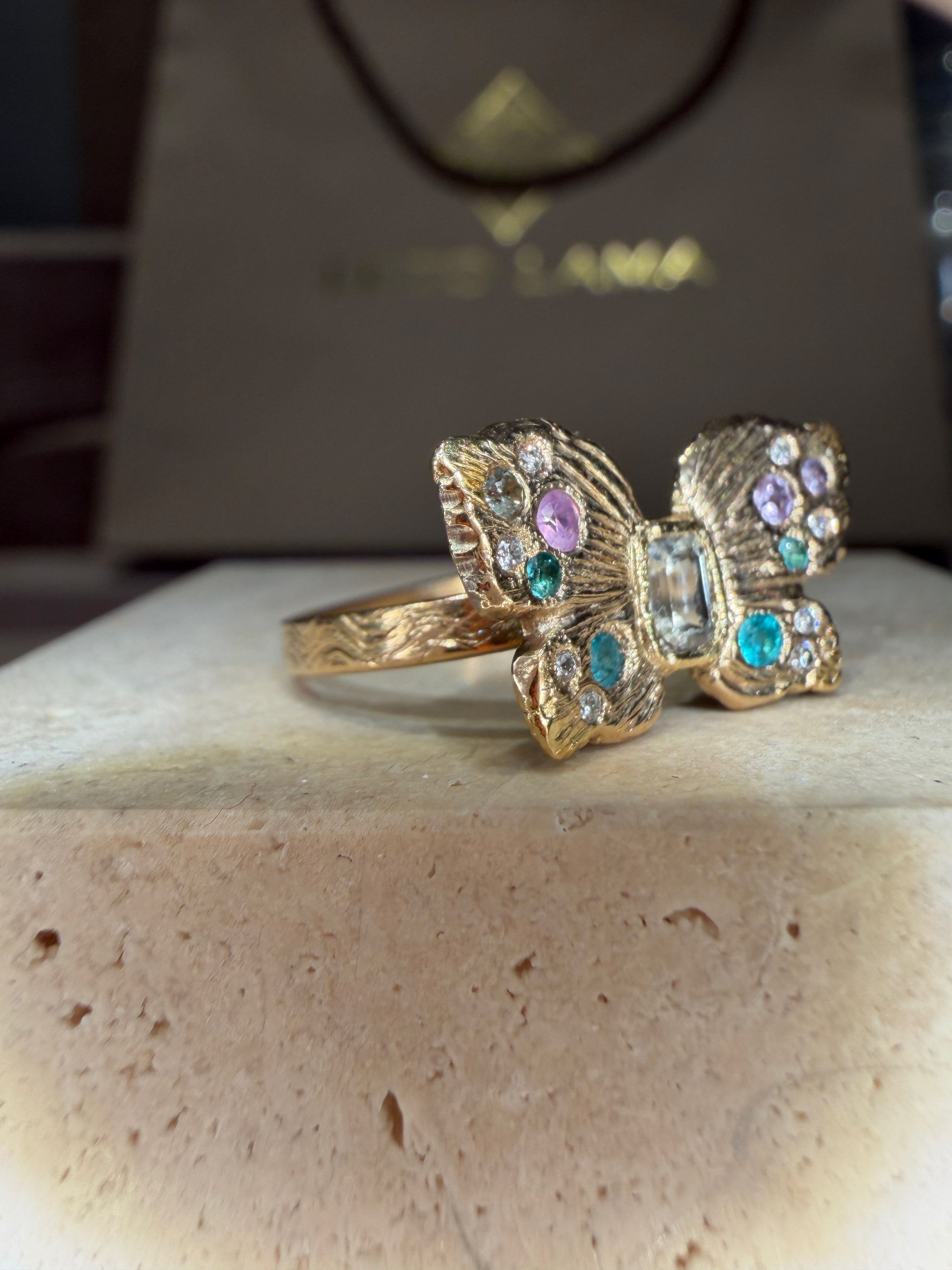 “Happiness” Butterfly Ring Sapphires, Paraibas and Diamonds in 18 Ct Gold (Available at Tomfoolery London)