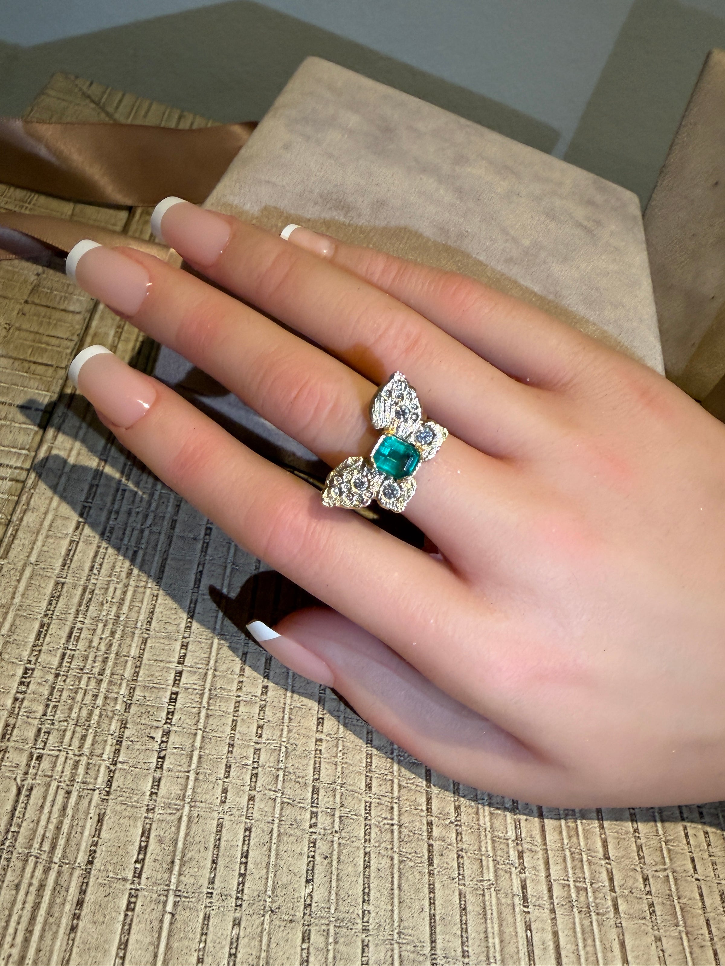 IGI Certified 1.3 Ct Emerald Queen Butterfly Ring with Diamonds in 18 Ct Gold Half Bezel (Available online and also to View in Person at Stardust, London 101 Walton Street)