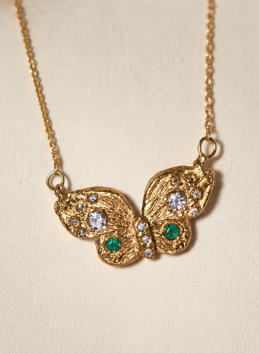 Butterfly Necklace with Diamonds and Colombian Emeralds