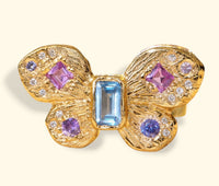 Pastel Butterfly Queen Sapphires and Diamonds Cocktail Ring 18 Ct Gold