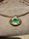 “Esmeralda Eye” Certified 2 Ct Emerald Round Large Evil Eye Wire Collar Necklace 18 Ct Gold