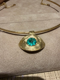 “Esmeralda Eye” Certified 2 Ct Emerald Round Large Evil Eye Wire Collar Necklace 18 Ct Gold