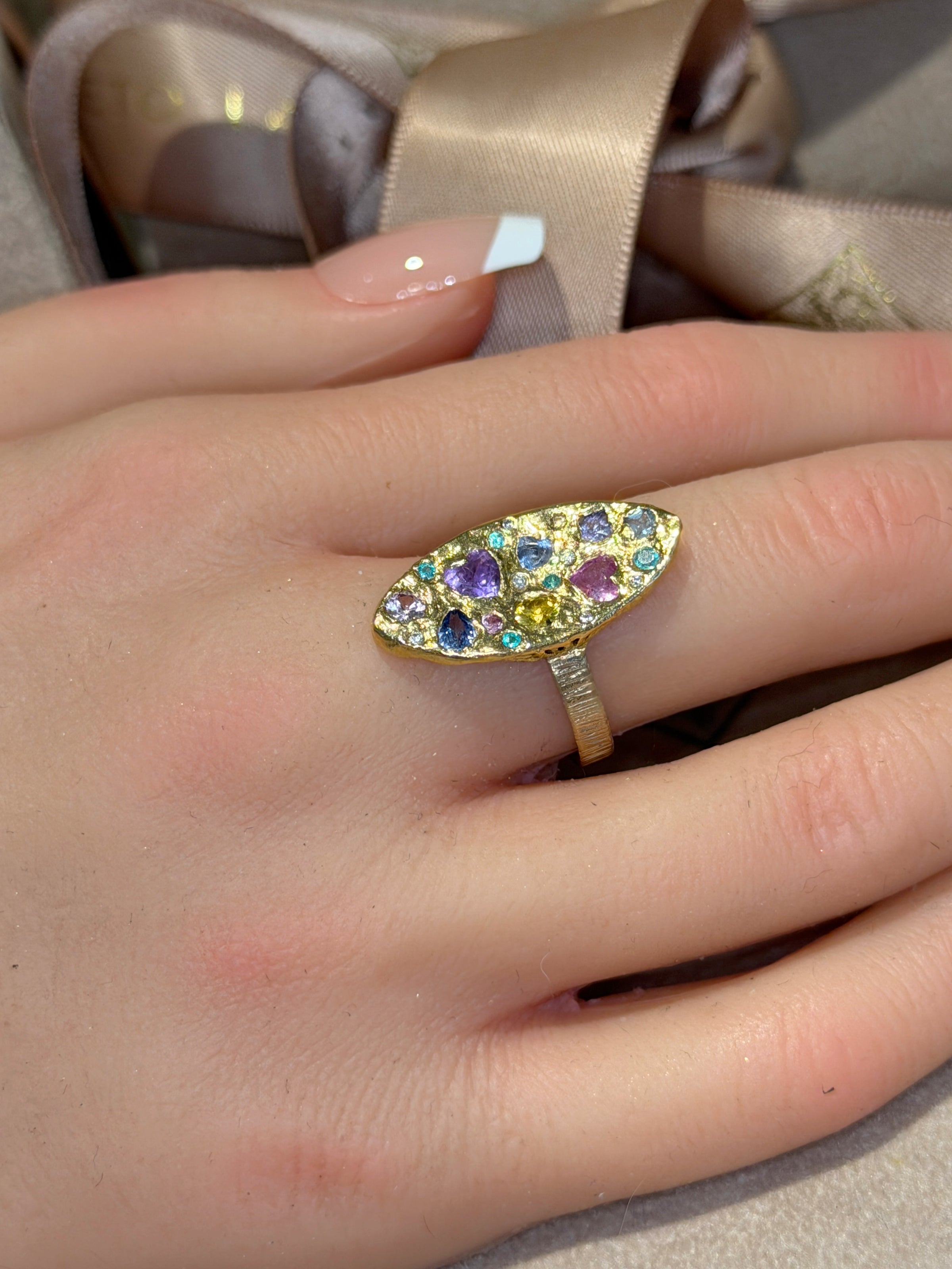 Marquise Pastel Abstract Cocktail of Joy Ring Sapphires, Paraibas, Diamonds 18 Ct Gold