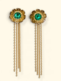 Flower Colombian Emerald Earrings 2 in 1 with removable fringe 18 Ct Gold