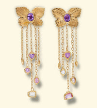 Butterfly Cuckoo Charm Earrings in 18 Ct Gold, Purple Oval Sapphires (Available at Tomfoolery London)