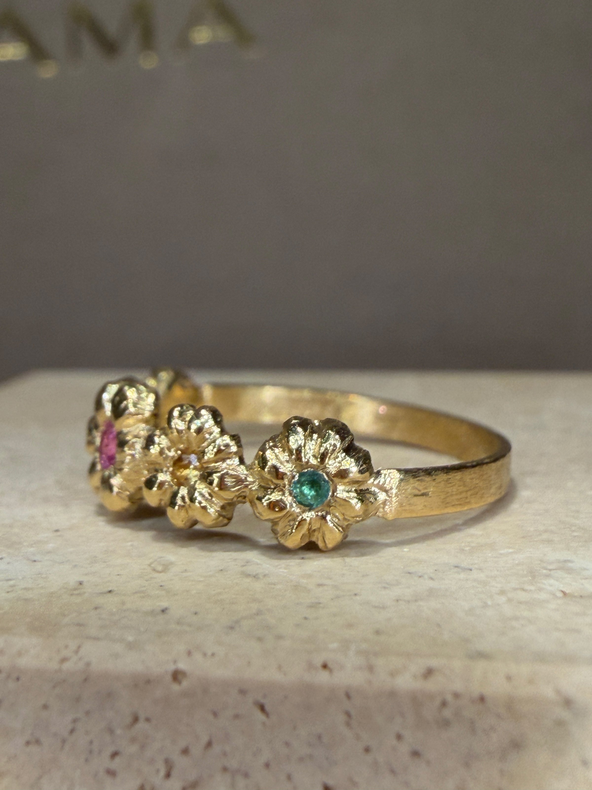 Microsculpted Flower Band Sapphires and Paraiba Tourmaline in 18 Ct Gold Ring (Available At Tomfoolery London)