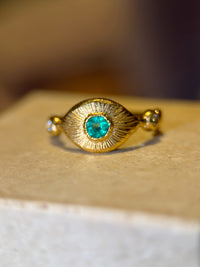 Colombian Emerald Eye Ring with Diamonds 18 Ct Yellow Gold (Available online and also to View in Person at Stardust, London 101 Walton Street)