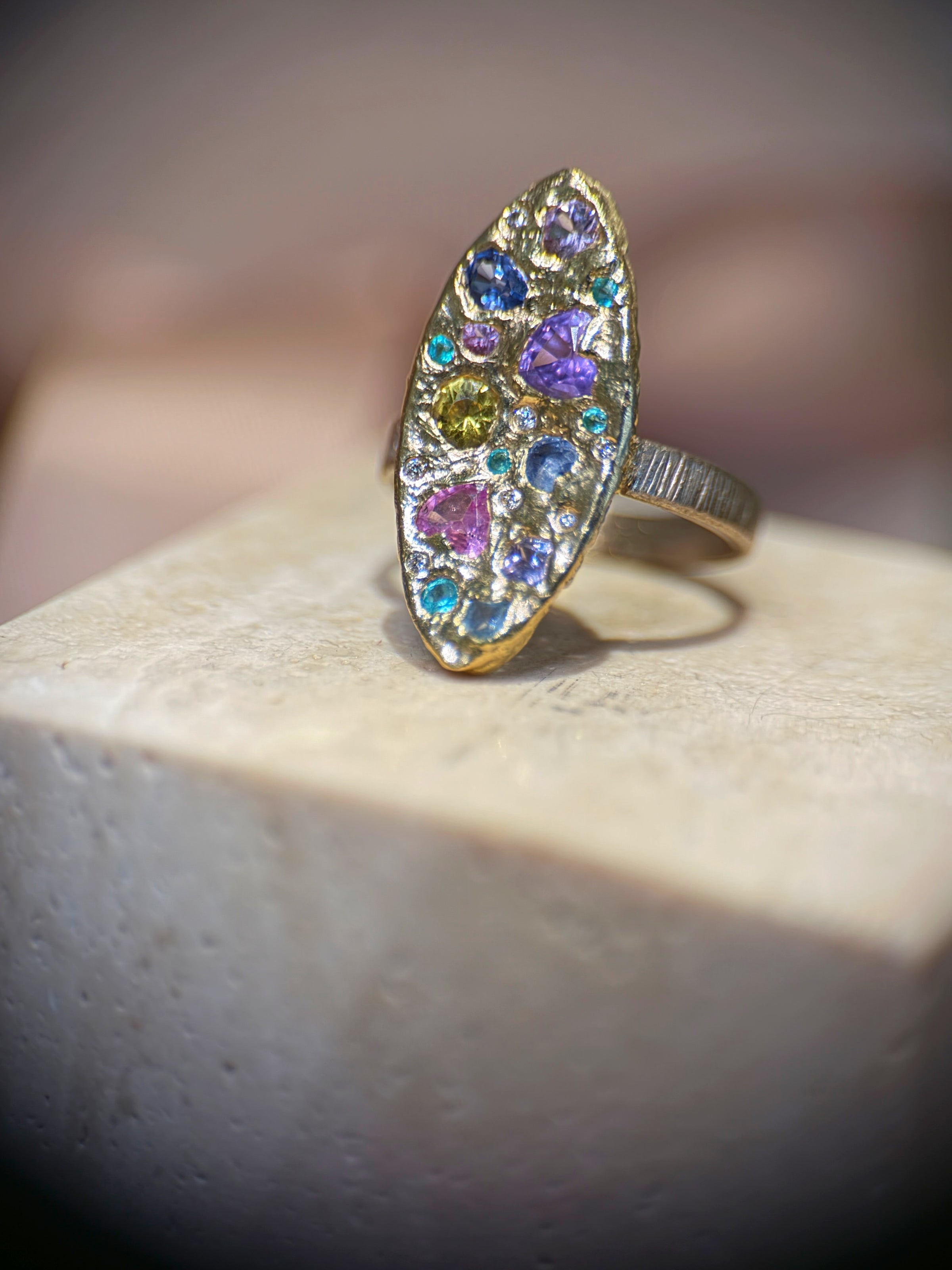 Marquise Pastel Abstract Cocktail of Joy Ring Sapphires, Paraibas, Diamonds 18 Ct Gold