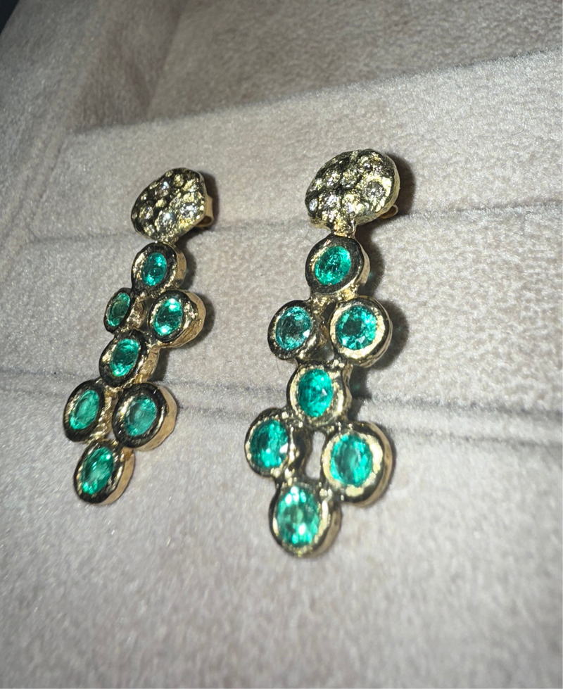Pebbles Emerald Bezel Set Earrings with Diamonds 18 Ct Gold