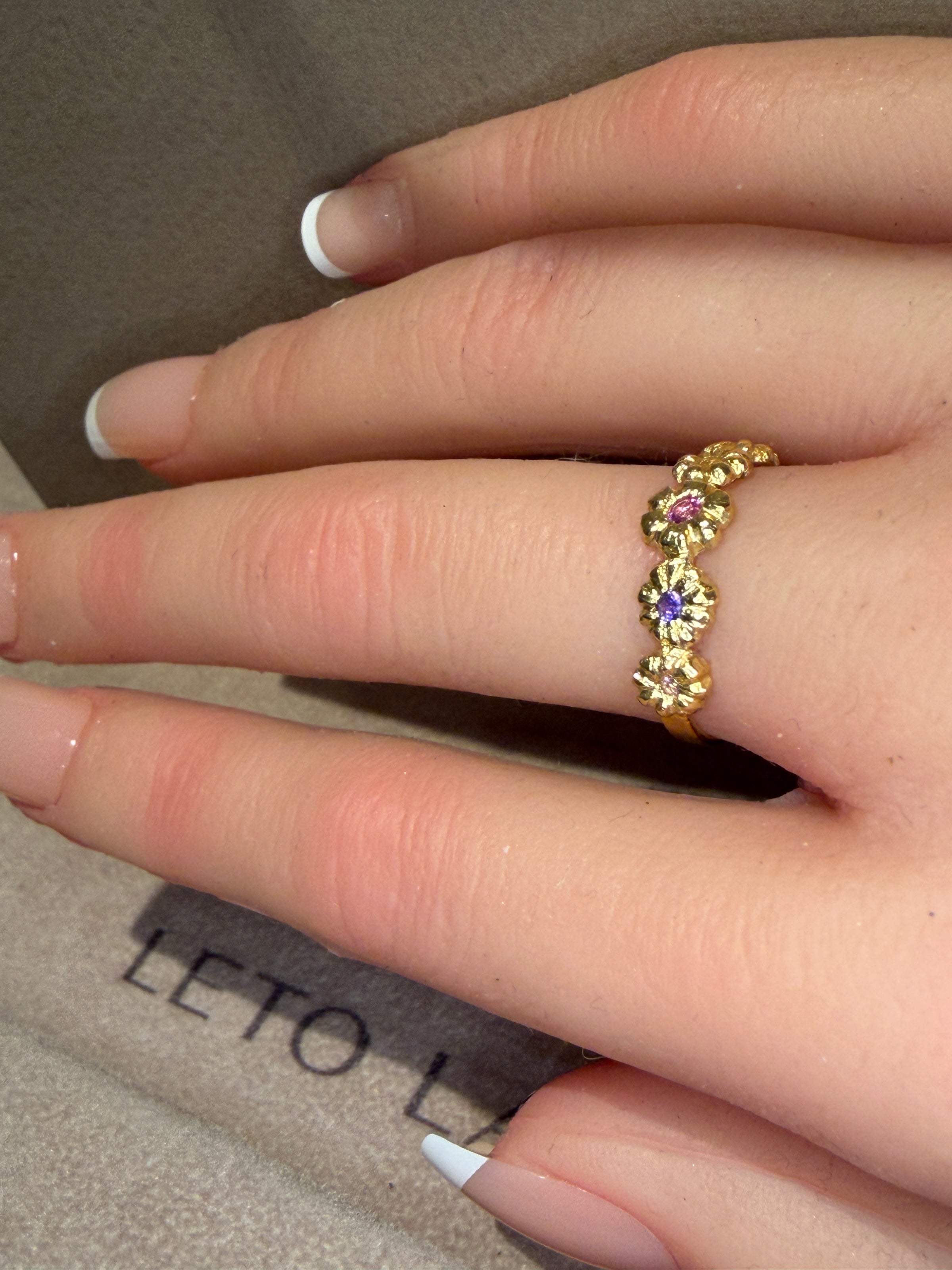 Microsculpted Flower Band Sapphires and Paraiba Tourmaline in 18 Ct Gold Ring (Available At Tomfoolery London)