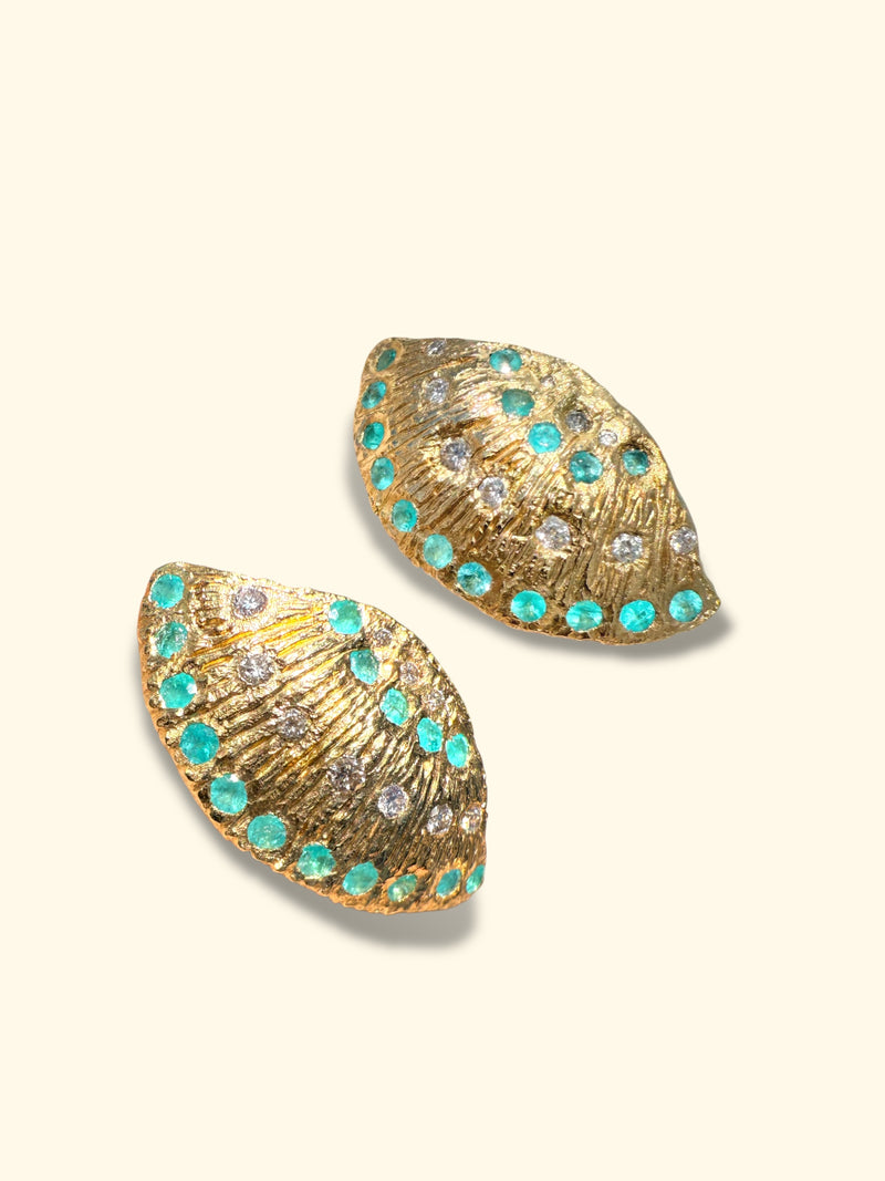 Brazilian Neon Blue Paraiba Tourmaline Large Shell Stud Earrings with Diamonds