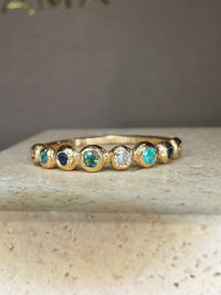 Ocean Bubbles Ring Band Sapphires Paraibas Emerald and Diamonds in 18 Ct Gold