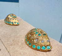 Brazilian Neon Blue Paraiba Tourmaline Large Shell Stud Earrings with Diamonds