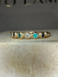 Ocean Bubbles Ring Band Sapphires Paraibas Emerald and Diamonds in 18 Ct Gold