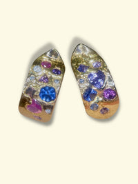 Abstract Art Semi Hoop Earrings with Sapphires in 18 Ct Gold