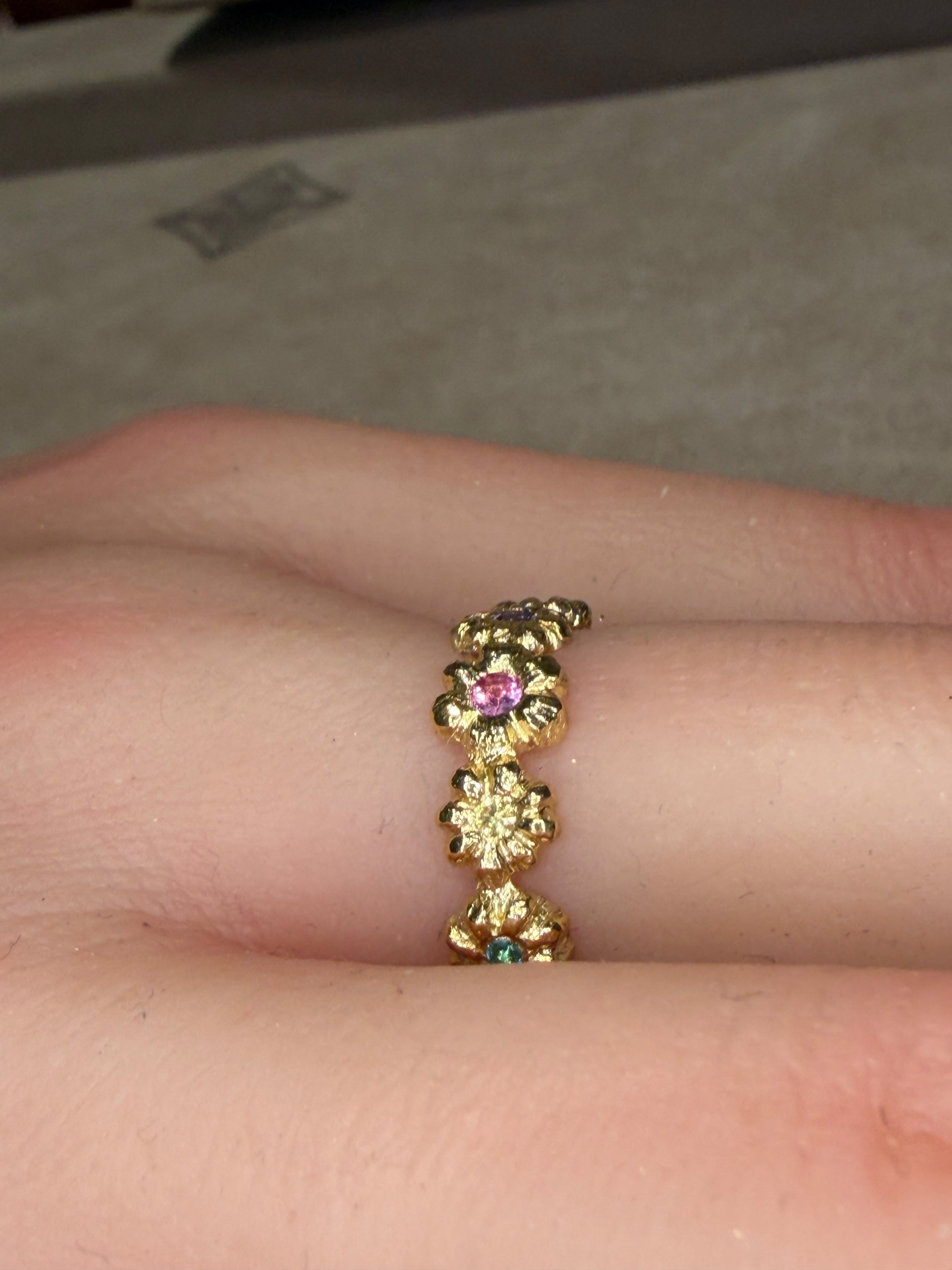 Microsculpted Flower Band Sapphires and Paraiba Tourmaline in 18 Ct Gold Ring (Available At Tomfoolery London)