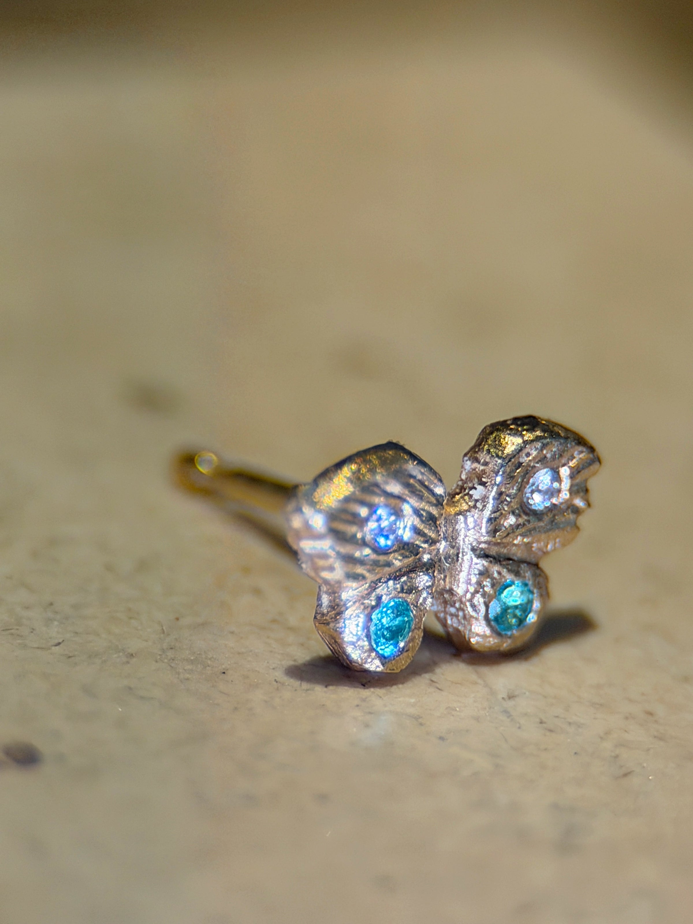 Baby Butterfly Paraiba Tourmaline and Diamonds 18 Ct Gold Stud